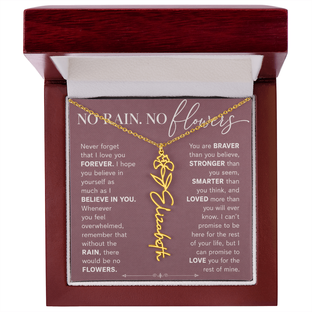 Personalized Birth Flower Name Necklace | No Rain No Flowers Gift for Her