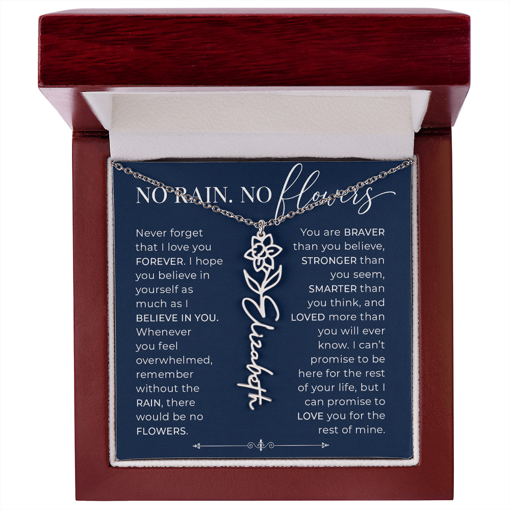 Personalized Birth Flower Name Necklace | No Rain No Flowers Gift for Her