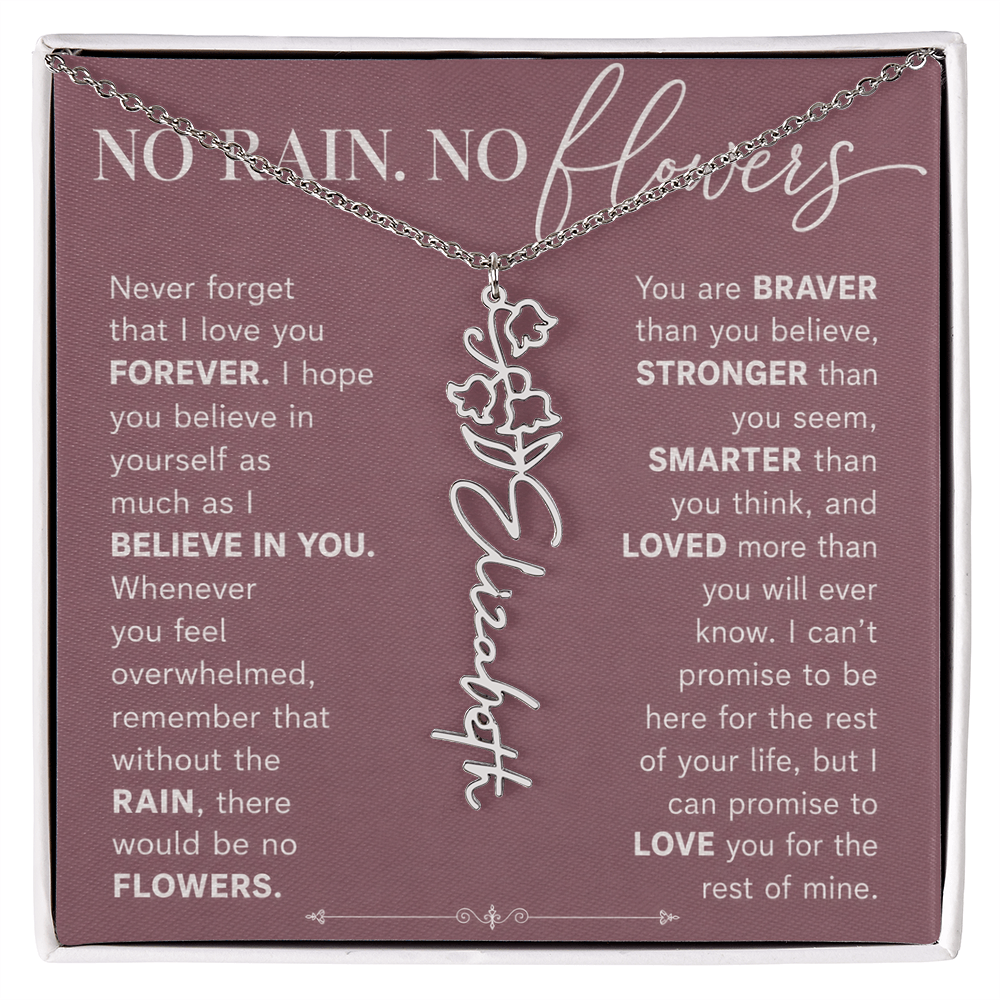 Personalized Birth Flower Name Necklace | No Rain No Flowers Gift for Her