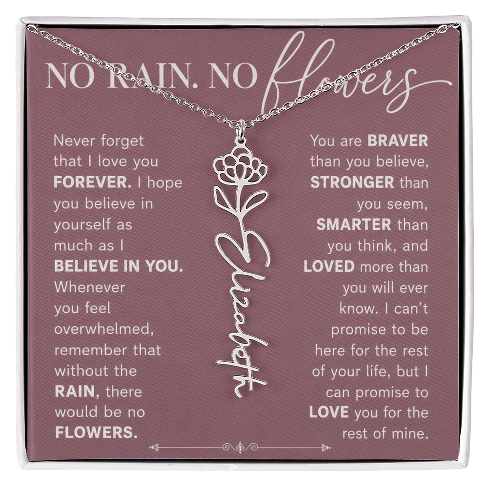 Personalized Birth Flower Name Necklace | No Rain No Flowers Gift for Her