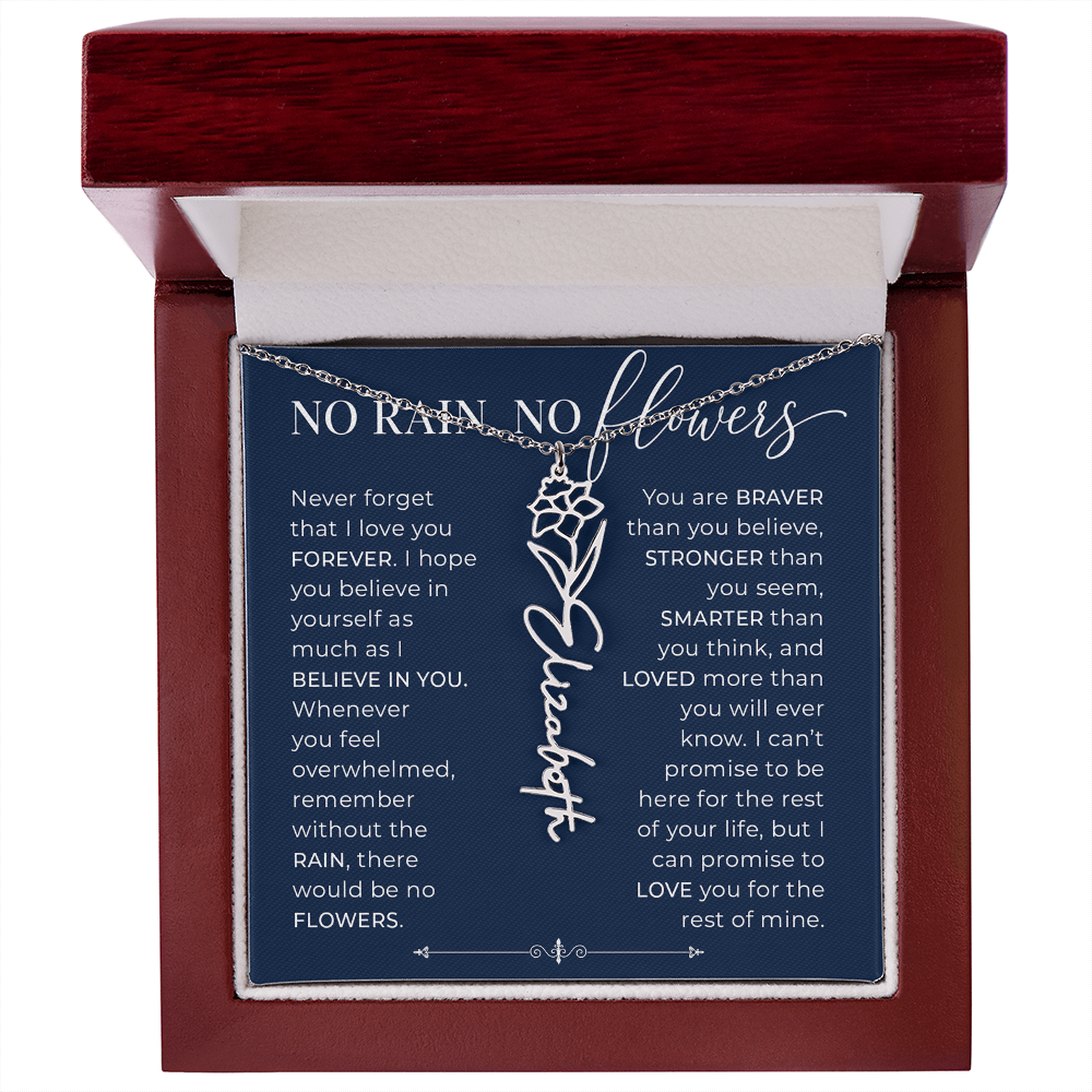 Personalized Birth Flower Name Necklace | No Rain No Flowers Gift for Her